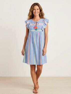 Vineyard Vines Blue Striped Ruffle Dress with Tassels